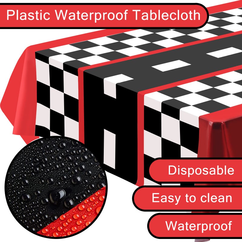Idealmuzik 3pcs Race Car Tablecloth  Car Theme Birthday Decorations Supplies  Plastic Road Tablecloth  Rectangular Racetrack Tablecloth  Checkered Racetrack Table Runner TableCovers for Kids  54 x 108 Inch - Image 2
